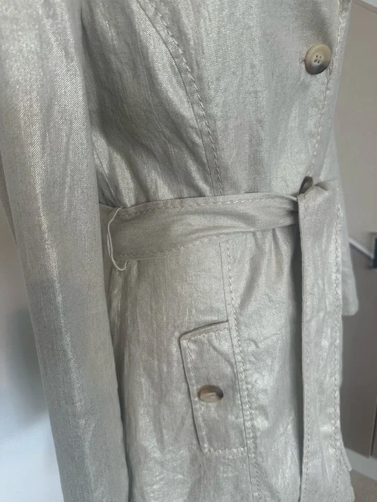 Linen Cotton Blend Metallic Trench Coat Chic Classic Statement Blazer Coat - Picture 4 of 14